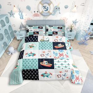 Erosebridal Морской тематический комплект постельного белья для детей с якорем и подводной лодкой, лобстер, винтажный пэчворк, Indigo Blue