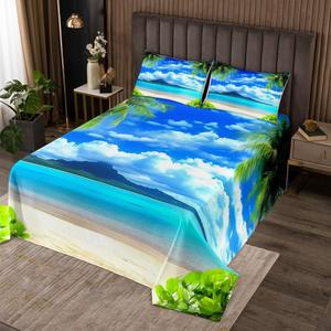 Erosebridal Тропический комплект постельного белья Coastal с пальмами и океаном в синих тонах, мягкий стеганый материал, Blue Green