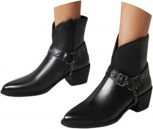 Женские мотоциклетные ботинки до щиколотки в готическом стиле из кожи с толстым каблуком, короткие ботильоны с боковой молнией, женские ретро модные ботинки с пряжкой, заостренный носок, панк-всадные ботинки, классические винтажные слипоны Generic, Black