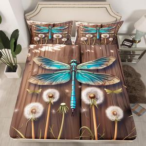 Erosebridal Комплект постельного белья Kids Dragonfly Fitted Sheet Dandelion Vintage с растительным принтом в деревенском стиле, коричневый и бирюзовый, Brown,teal