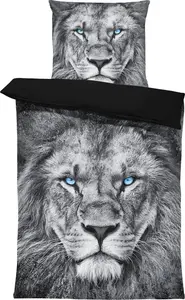 Постельное белье Lion 135x200 см, цвет Lion серый, серебристый, черный, двусторонняя микрофибра с изображением животных One-Home