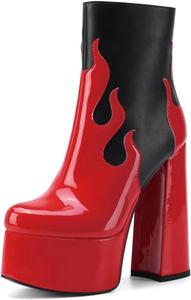 Женские ботильоны Frankie Hsu большого размера из черной лакированной кожи с огненным дизайном, сексуальная платформа, толстый каблук, высокий каблук