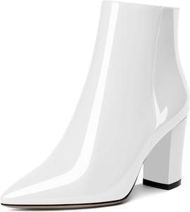 Женские ботильоны AUMOTED с высокой шнуровкой, массивным каблуком, заостренным носком, мехом, короткой моделью на молнии, классические ботинки на каблуке 3,4 дюйма, Patent White