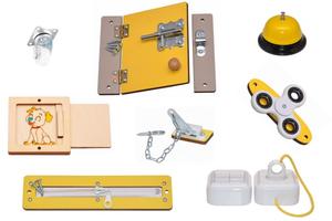 Желтый набор элементов для манипуляционной и сенсорной доски. Zabawki Sensoryczne