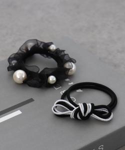 Набор из трех резинок для волос Three Four Time/Pearl Scrunchie x Ribbon Hair Research Set, цвет Black
