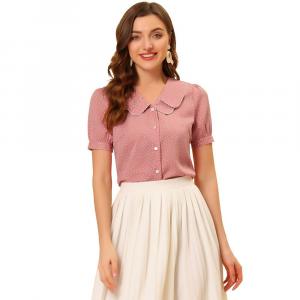 Женская летняя рубашка-топ с короткими рукавами и воротником Питера Пэна в горошек ALLEGRA K, розовый