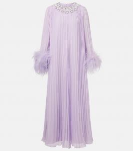 Плиссированное платье миди из шифона с перьевым декором Self-Portrait, Lilac