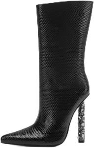 Ботильоны на высоком каблуке Frankie Hsu с черным змеиным узором и стразами, сапоги до середины икры с кристаллами, женские классические туфли с заостренным носком и каблуком средней высоты, ручной работы