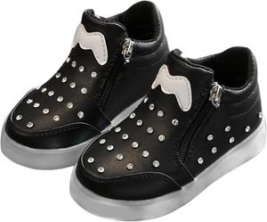 ММальчики Девочки 𝐂олдатские Ботинки с Подсветкой, Шнуровкой, Боковой Молнией, Ботильоны, Водонепроницаемые, с Жемчужным Украшением, для Ходьбы Generic, Black