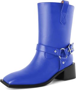 Женские ботинки Joseywade на низком каблуке 2 дюйма с молнией и металлическими пряжками, байкерские, до середины икры, размеры США 6-12, Matte Royal Blue