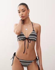 Винтажный треугольный бикини-топ с завязками спереди, черно-белый, связанный крючком Reclaimed Vintage