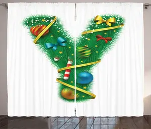 Штора ABAKUHAUS "Рождественский алфавит" в деревенском стиле, буква Y с блестками, универсальная, с петлями и крючками, для гостиной, 280 x 225 см, цвет: белый, зеленый, с синим морем Abakuhaus