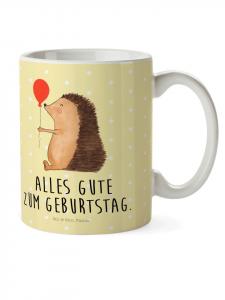 Детская кружка с изображением ежика и воздушного шара и надписью в пастельно-желтых тонах Mr. & Mrs. Panda