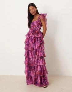 Платье макси из тюля с кружевом и бисером, с бантом на плече, с красным абстрактным принтом