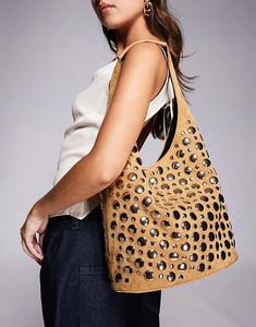 Сумка-ведро River Island из замши с заклепками светло-коричневого цвета