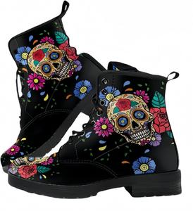 Женские короткие ботинки с принтом на шнуровке, с широким каблуком, боевые ботильоны для девушек и женщин, осенние и зимние, с рисунком роз, черепов, бабочек и мультяшных узоров Maimeili, Colorful Skull