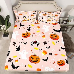 Erosebridal Комплект постельного белья Happy Halloween в готическом стиле с принтом привидений тыкв и пауков розовый, Pink Orange
