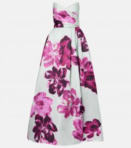 Шелковое платье-газар с цветочным принтом Monique Lhuillier, Lagoon