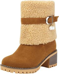 Женские ботильоны до щиколотки с среднем толстом каблуке, замшевые зимние сапоги для снега, зимние круглые носки, теплые зимние ботинки с флисом, средний каблук, короткие ботильоны Generic, Yellow
