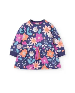 Детское плюшевое платье с цветочным принтом и круглым вырезом Boboli, темно-синий/розовый