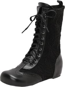 Женские элегантные ботильоны на танкетке со шнуровкой, короткие ботинки с круглым носком и вышивкой, идеально подходящие для повседневных прогулок XIEPP, Black