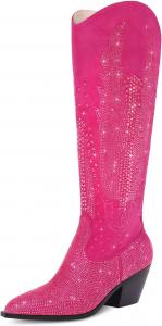 RONILURN Женские ковбойские сапоги по колено, стиль вестерн, с блестками и стразами, заостренный носок, массивный каблук, на пуговицах, модные высокие черные сапоги