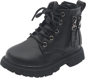 Детские боевые ботинки для девочек, кожаные ботинки на щиколотку, осенне-зимняя обувь, противоскользящие, для улицы, модные, на шнуровке, с боковой молнией Generic, Black