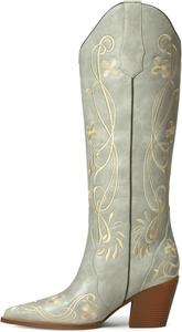 Женские ковбойские сапоги iiimmu Cowgirl до колена с цветочной вышивкой, винтажные классические сапоги на стойке с западным дизайном, Light Gray-Pu