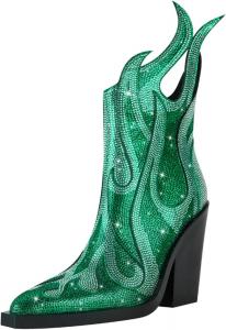Женские европейские и американские ретро сапоги с квадратным носком, боковой молнией, массивным каблуком и сверкающими камнями - стильные ковбойские сапоги с заостренным носком и блестящей отделкой Vannida, Green