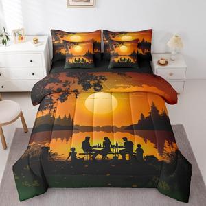 Erosebridal Комплект постельного белья Sunset с утеплителем, принт сосны и озеро, Happy Camping, Black Orange