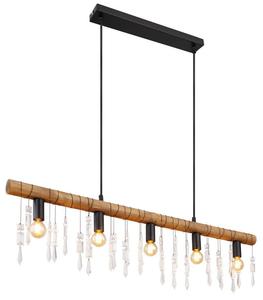 Подвесной светильник Globo Lighting, черный матовый металл, коричневое дерево, кристаллы из прозрачного стекла, черный текстильный кабель, кристаллы для наматывания, ДxШxВ: 900x60x1200 мм, без 5x E14 40 Вт 230 В.