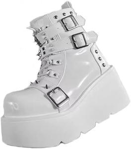 Женские боевые ботинки на высоком каблуке с квадратным носком, шнуровкой и молнией, высокие ботинки на танкетке с массивной подошвой, ботинки до щиколотки для женщин FOBOINED, White-07