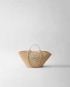 Большая шопер-сумка из рафии и кожи Prada, бежевый