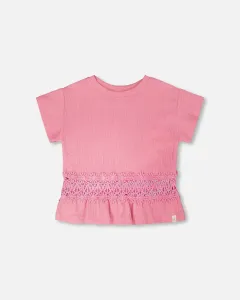 Длинная футболка из жатого трикотажа с вязаной вставкой, розовая Deux Par Deux