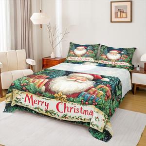 Erosebridal Комплект постельного белья с новогодним принтом Санта Клаус и ёлкой, Deep Green White Red