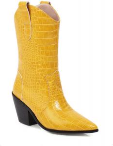 Женские ботильоны на щиколотку с острым носком, с массивным средним каблуком, эластичная искусственная кожа, челси, вестерн FufoneUS, Yellow