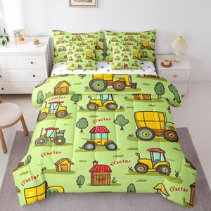 Erosebridal Комплект постельного белья Kids Farm Tractor с комфортером и простыней, реверсивный дизайн с мультяшной техникой, Yellow Green