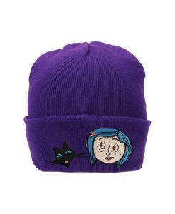 Мужская шапка-бини с фиолетовой манжетой и изображением черного кота Coraline, Purple