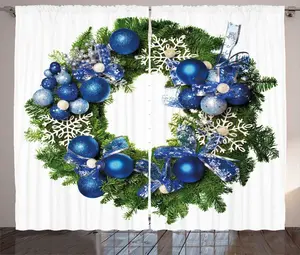 Рождественская штора ABAKUHAUS в деревенском стиле, украшенная венком из снежинок, для спальни, со сборками, петлями и крючками, 280 x 175 см, сине-зеленая Abakuhaus