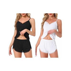 2 комплекта женской пижамы без рукавов с кружевной отделкой и шортами Inspire Chic, Black White