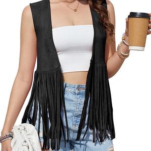 Женский жилет с бахромой 70-х в стиле хиппи из искусственной замши с кисточками Clearflower, Black