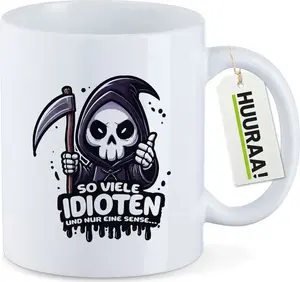 Кружка Huuraa. Так много идиотов, только одна коса. Подарок Мрачному Жнецу. 330 мл. Белая. Так много идиотов, только одна коса. Подарок. Hellweg Druckerei