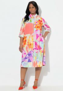 Платье Ulla Popken FLAMINGO PRINT 3/4 SLEEVE BUTTON DOWN, Lavender/Pink