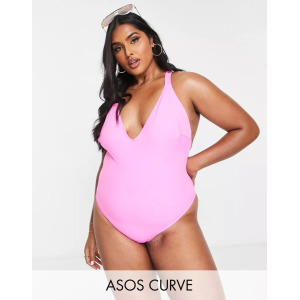 Ярко-розовый купальник с Т-образной спинкой ASOS DESIGN Curve