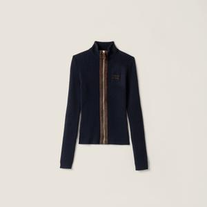 Кардиган на молнии из кашемира и кожи MIU MIU, темно-синий