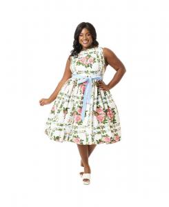 Платье-трапеция без рукавов с поясом, большого размера Unique Vintage, White pink floral
