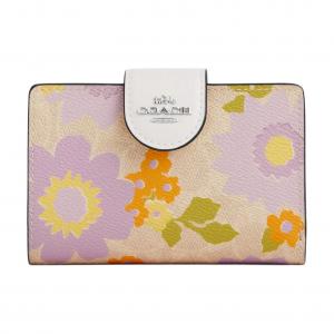 COACH Миниатюрный женский кошелек из прорезиненной ткани с угловой молнией в цвете хаки и фиолетовый, Khaki & Purple