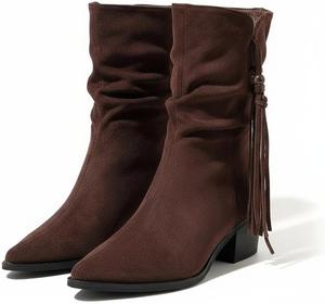 Женские ботильоны с кисточками на массивном каблуке, ретро, с заостренным носком, каблук-кирпич, нескользящие, на подъемке, богемные ботильоны для вечеринок, свиданий и повседневной носки. BEDGMDEG, Brown