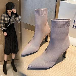 Женские сапоги YDYCG с носками на каблуке, эластичная ткань, каблук-стилет, заостренный носок, ботильоны (Цвет: розовый, Размер обуви: 7.5)