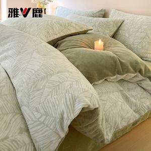 Yalu Комплект постельного белья 1.5 м, 4 предмета: пододеяльник 200x230 см, простыня на резинке, 2 наволочки, зеленые листья, мягкий и комфортный